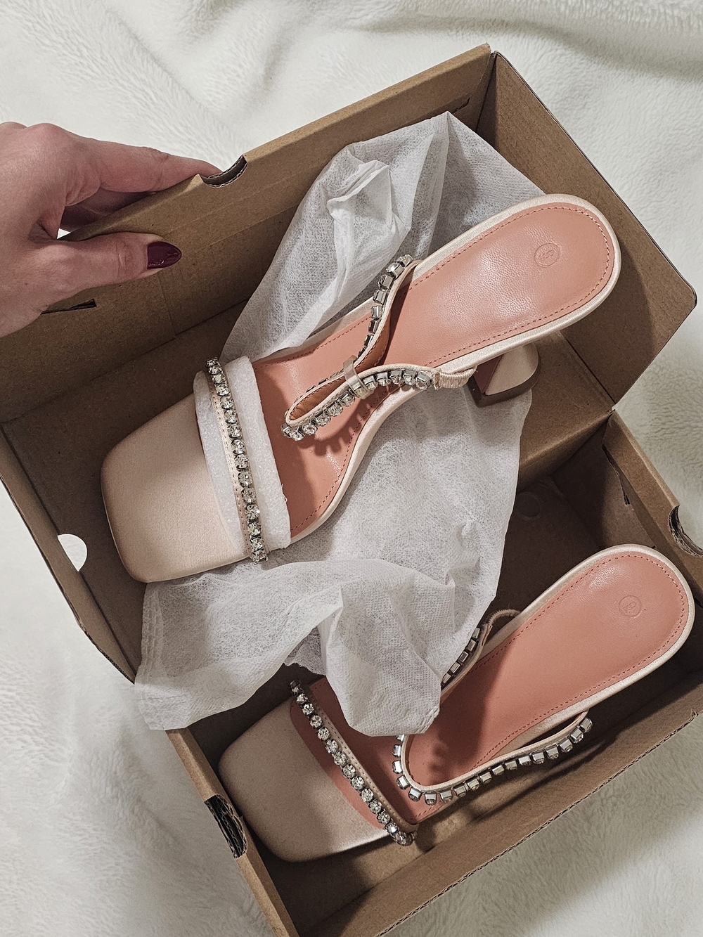 Elegant Crystal-Trim Beige Pink Block Heel Sandals